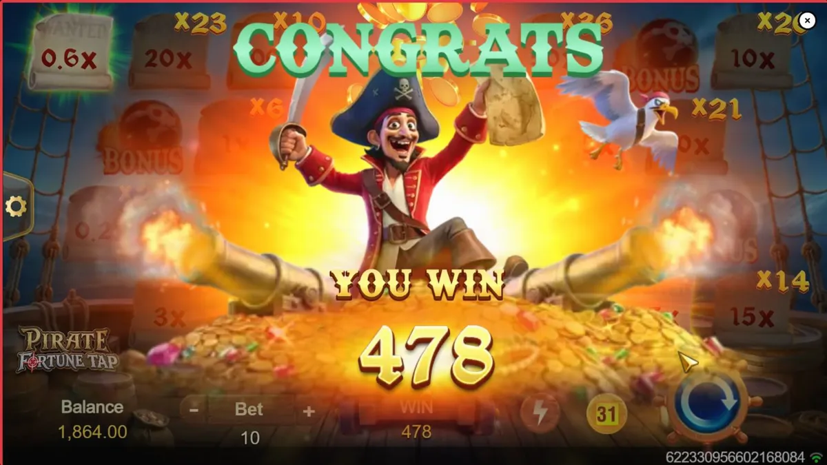 Interface de jogo do Pirate Fortune Tap com canhão e tesouros